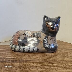 Vintage 50s Mexican Handpainted Decorative Ceramic Pottery Tonala Cat